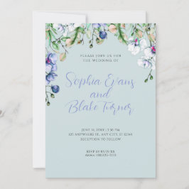 Modern Blue, White en Green Floral Blue Wedding Kaart