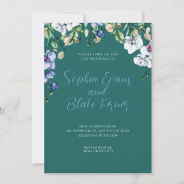 Modern Blue, White en Green Floral Green Wedding Kaart