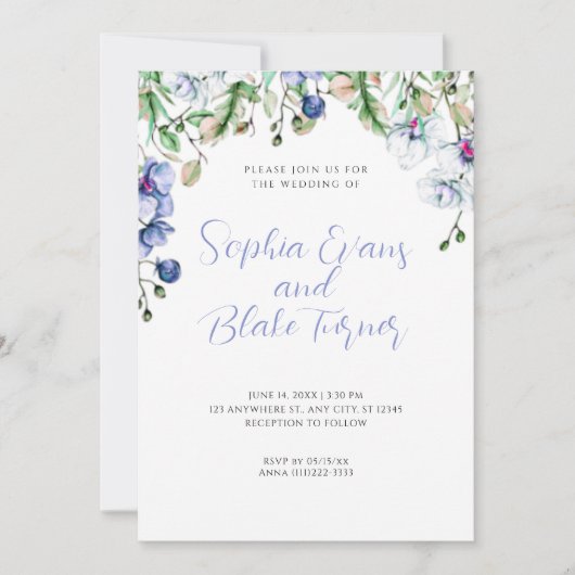 Modern Blue, White en Green Floral White Wedding Kaart (Voorkant)