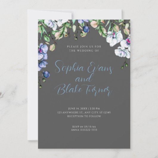 Modern Blue, White en Grey Floral Green Wedding Kaart (Voorkant)