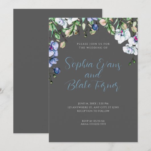 Modern Blue, White en Grey Floral Green Wedding Kaart (Voorkant / Achterkant)