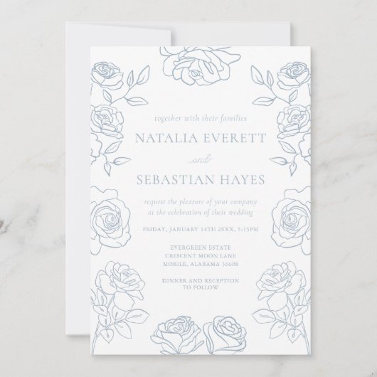 Modern Blue & White French Roses Wedding Kaart (Voorkant)