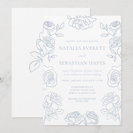 Modern Blue & White French Roses Wedding Kaart (Voorkant / Achterkant)