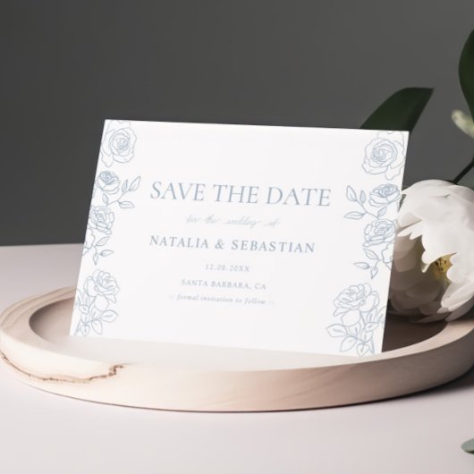 Modern Blue & White French Roses Wedding Save The Date