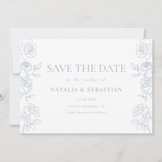 Modern Blue & White French Roses Wedding Save The Date (Voorkant)