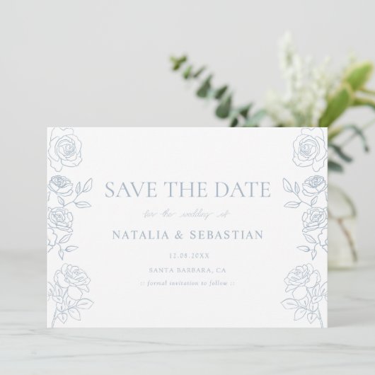 Modern Blue & White French Roses Wedding Save The Date (Staand voorkant)