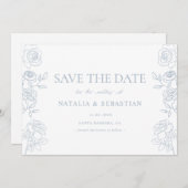 Modern Blue & White French Roses Wedding Save The Date (Voorkant / Achterkant)