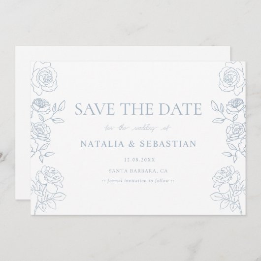 Modern Blue & White French Roses Wedding Save The Date (Voorkant / Achterkant)