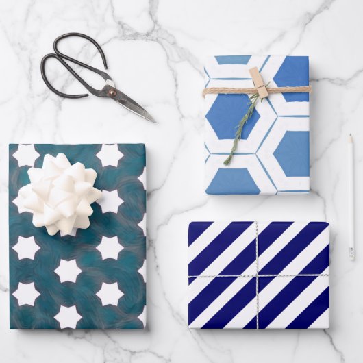 Modern Blue White Geometric Inpakpapier Vel (Voorkant)