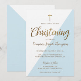 Modern Blue White Gold Christening baby Boy Kaart