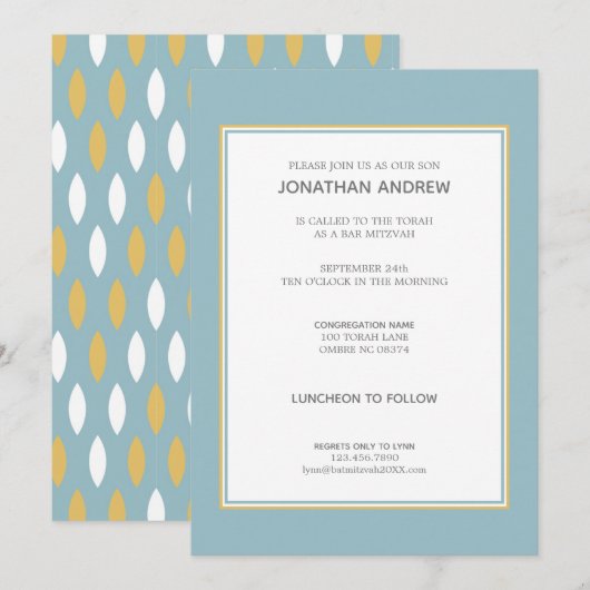 Modern Blue White & Gold Pattern Bar Mitzvah Kaart (Voorkant / Achterkant)