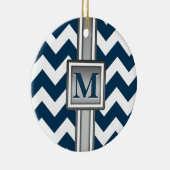 Modern Blue White Gray Monogrammed Chevron Keramisch Ornament (Rechts)