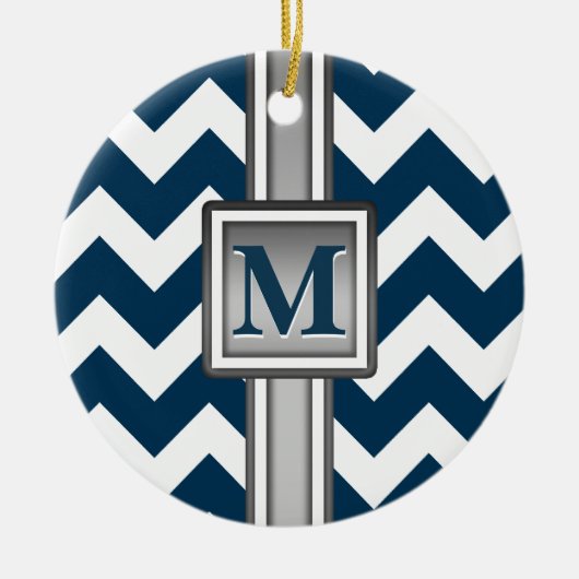 Modern Blue White Gray Monogrammed Chevron Keramisch Ornament (Voorkant)