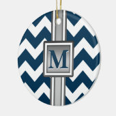 Modern Blue White Gray Monogrammed Chevron Keramisch Ornament (Links)