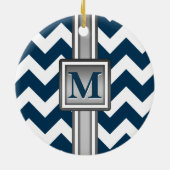 Modern Blue White Gray Monogrammed Chevron Keramisch Ornament (Achterkant)