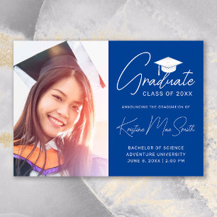 Modern Blue White Pet Photo College Graduation Aankondiging