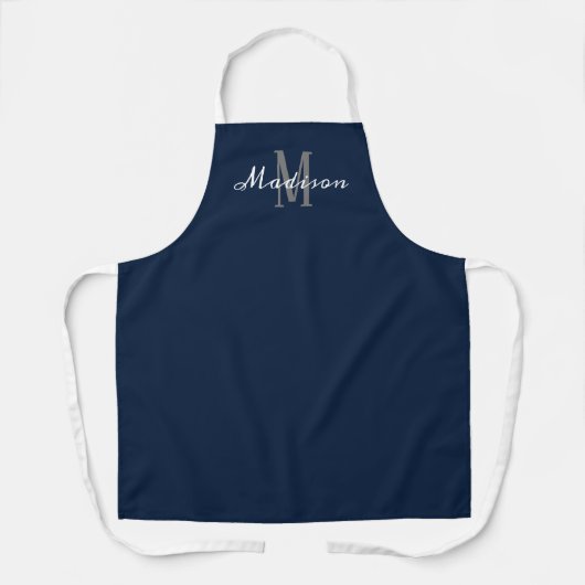 Modern Blue White Script Monogram op maat gemaakt Schort (Voorkant)