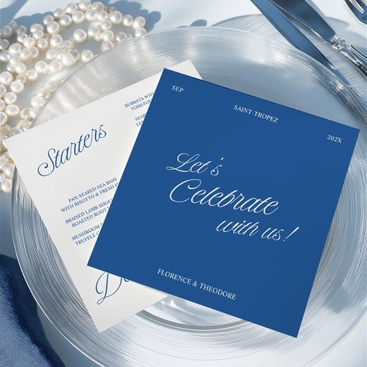 Modern Blue & White Script Wedding Menu Card Kaart