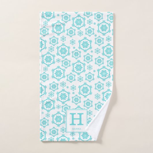 Modern Blue White Snowflake Pattern Monogram Bad Handdoek (Handdoek)