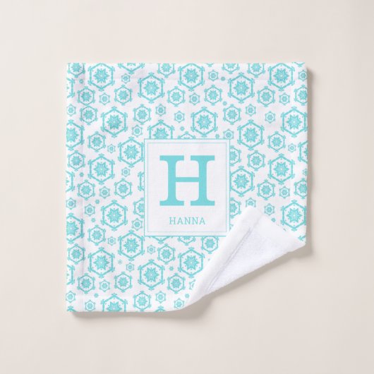 Modern Blue White Snowflake Pattern Monogram Bad Handdoek (Wasdoekje)