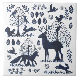 Modern Blue & White Woodland Animal Fox Rabbit Tegeltje