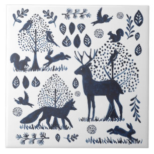 Modern Blue & White Woodland Animal Fox Rabbit Tegeltje