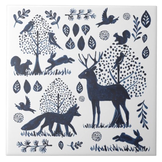 Modern Blue & White Woodland Animal Fox Rabbit Tegeltje (Voorkant)