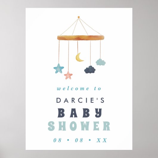 Modern Blue Wieg Mobile Blue Baby shower Welkom Poster (Voorkant)
