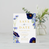 Modern Blue Wildflower Waterverf Bruiloft Goud Folie Uitnodiging Briefkaart (Staand Voorkant)