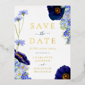 Modern Blue Wildflower Waterverf Bruiloft Goud Folie Uitnodiging Briefkaart (Voorkant)