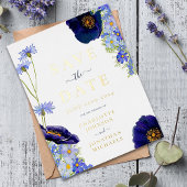 Modern Blue Wildflower Waterverf Bruiloft Goud Folie Uitnodiging Briefkaart