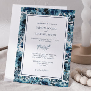 Modern Blue Winter Botanische Waterverf Bruiloft Kaart