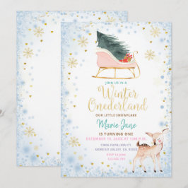Modern Blue Winter Onederland Birthday Invitation Kaart