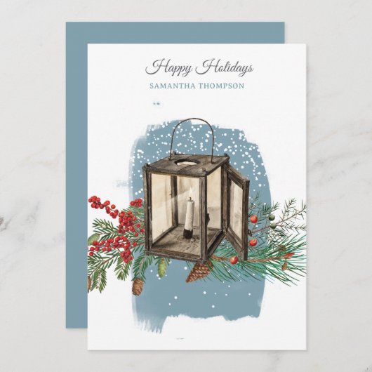 Modern Blue Winter Snow Pine Lantern Christmas Feestdagenkaart (Voorkant / Achterkant)