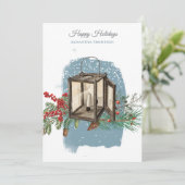 Modern Blue Winter Snow Pine Lantern Christmas Feestdagenkaart (Staand voorkant)