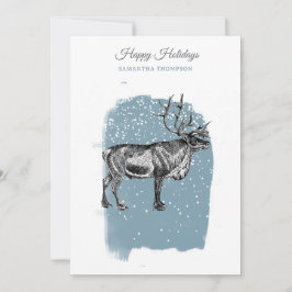 Modern Blue Winter Snow Vintage Christmas Reindeer Feestdagenkaart