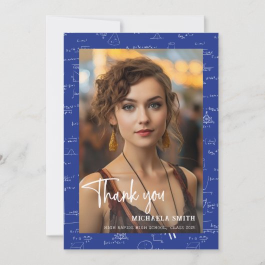 Modern Blue Wiskunde Script Photo Afstuderen Bedankkaart (Voorkant)