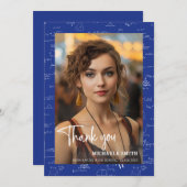 Modern Blue Wiskunde Script Photo Afstuderen Bedankkaart (Voorkant / Achterkant)