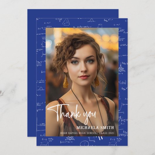 Modern Blue Wiskunde Script Photo Afstuderen Bedankkaart (Voorkant / Achterkant)