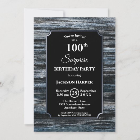 Modern Blue Wood Surprise 100th Birthday Party Kaart (Voorkant)