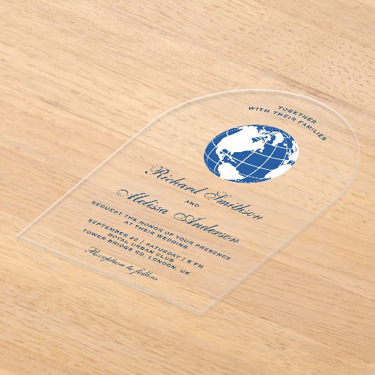 Modern Blue World Map Globe Wedding Acryl Uitnodigingen (Laagn)