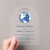 Modern Blue World Map Globe Wedding Acryl Uitnodigingen (Insitu (Draagbaar))
