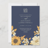 Modern Blue Yellow Cream Sunflower Floral Weddensc Kaart (Voorkant)