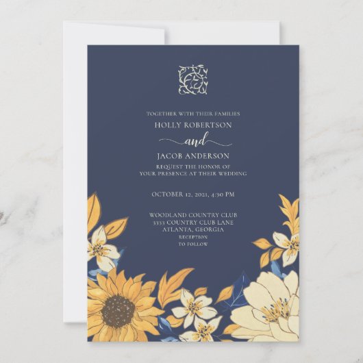 Modern Blue Yellow Cream Sunflower Floral Weddensc Kaart (Voorkant)