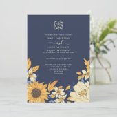 Modern Blue Yellow Cream Sunflower Floral Weddensc Kaart (Staand voorkant)