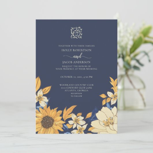 Modern Blue Yellow Cream Sunflower Floral Weddensc Kaart (Staand voorkant)