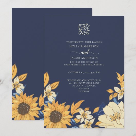 Modern Blue Yellow Cream Sunflower Floral Weddensc Kaart (Voorkant / Achterkant)