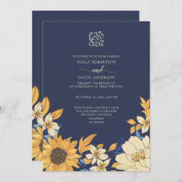Modern Blue Yellow Cream Sunflower Floral Weddensc Kaart