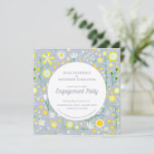 Modern Blue Yellow Floral Engagement Party Kaart (Staand voorkant)