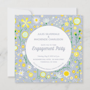 Modern Blue Yellow Floral Engagement Party Kaart